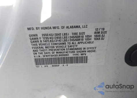 2020 Honda Pilot Awd Ex из США, поврежденный, VIN 5FNYF6H32LB039391